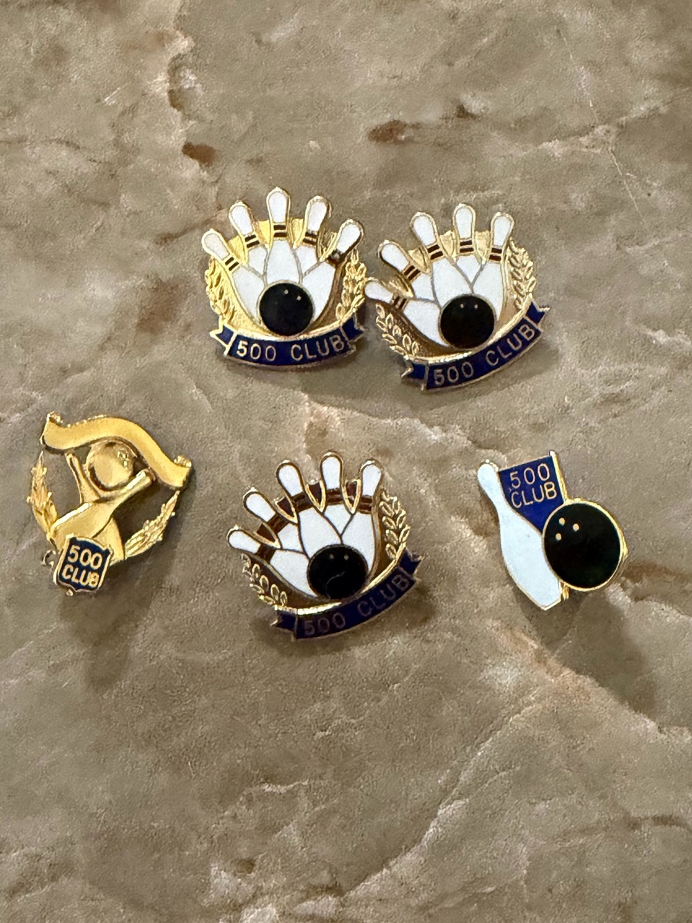Vintage lot of 5 500 Club Bowling Pin and Ball Enamel Pin Set